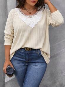 Calvaya Camiseta De Manga Raglán Con Panel De Encaje De Talla Grande - Albaricoque - Ver 3