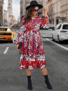 Calvaya Plus Size Leopard & Floral Print Splicing Lantern Sleeve Belted Dress - Red - View 4