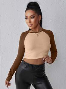 SHEIN Unity 女士拼色短款 T 恤 图案 T 恤 女士上衣 - 杏色 - 查看 6