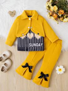 女嬰3件冬季黃色清涼甜美日常休閒套裝 - 彩色 - 查看 1