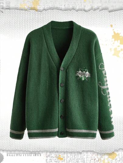 Harry Potter | ROMWE Cárdigan De Suéter De Talla Grande Con Monograma Bordado, Hombros Caídos Y Botones Frontales