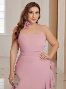 SHEIN Belle 大尺碼大圓領荷葉邊袖子晚禮服 - 藕粉色 - 查看 3