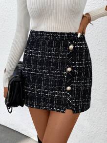 Chiquease 格紋紐扣細身裙 - 黑色 - 查看 5