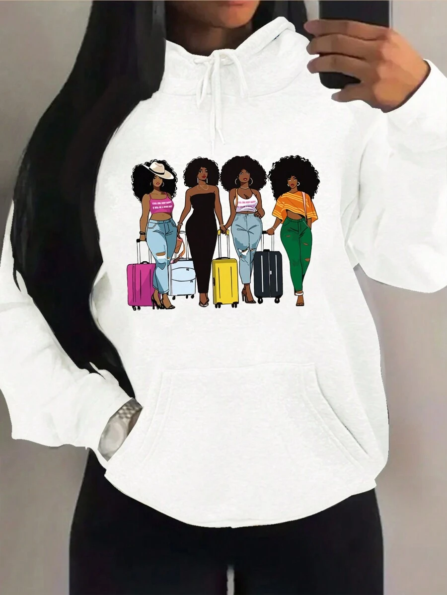 INAWLY Women's Hoodie With Portrait Pattern - White - View 1