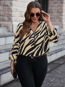 SHEIN LUNE 大尺碼女用斑馬條紋拉鍊半門襟襯衫 - 卡其色 - 查看 3