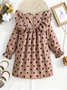 SHEIN Nhỏ bé Cô gái In vết tròn Polka Ruffle Đầm - Cà phê - Xem 2