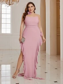 SHEIN Belle 大尺碼大圓領荷葉邊袖子晚禮服 - 藕粉色 - 查看 7