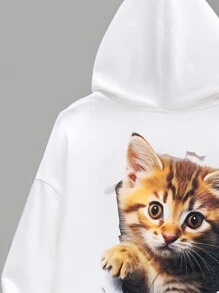 SHEIN Tween Boy Casual Loose Fit Knitted Sweatshirt With Cat Animal Print Design, Junior - White - View 5