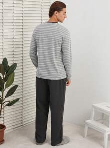 SHEIN Cottnline Men's Striped Homewear Set - Light Grey - View 2
