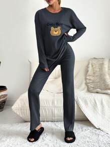 RueChic Bộ đồ mặc nhà thêu sọc hình gấu hoạt hình dành cho nữ - Màu xám đen - Xem 3
