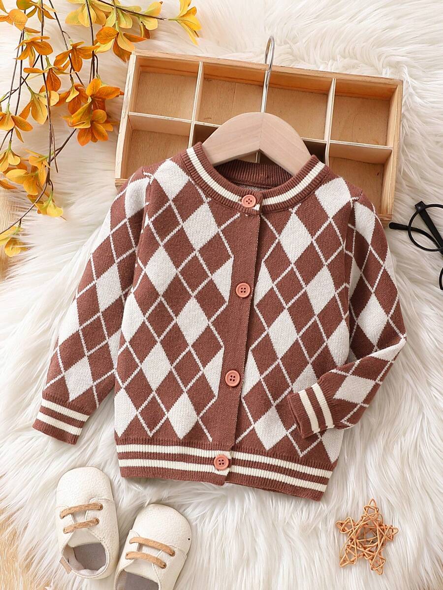 Baby Diamond Pattern Crew Neck Button-front Cardigan - Brown - View 1