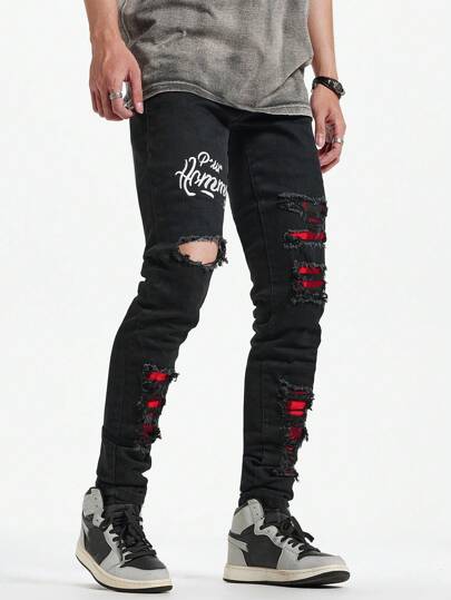 Men's Black Ripped Print Jeans
