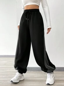 SHEIN Unity 女性綁帶休閒運動長褲,配有對比色飾邊 - 黑色 - 查看 3