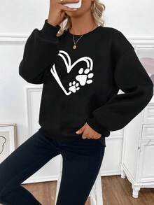 SHEIN LUNE 女士愛心印花保暖運動衫 - 黑色 - 查看 5