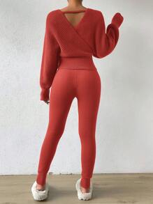 SHEIN Essnce 女士v領毛衣和緊身針織褲套裝 - 橘色 - 查看 2