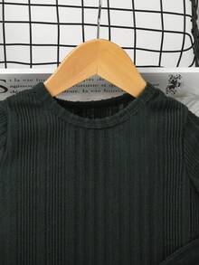 SHEIN 小女孩純色羅紋條紋 A 字連身裙 - 黑色 - 查看 3