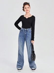 SHEIN 3pcs/Set Teen Girl Solid Color V-Neck Long Sleeve Casual T-Shirt Set - Multicolor - View 10