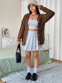 Flirla Của phụ nữ Kích thước lớn Thả vai Nút áo có mũ Dệt kim Áo len Mở - Màu nâu  Mocha - Xem 6