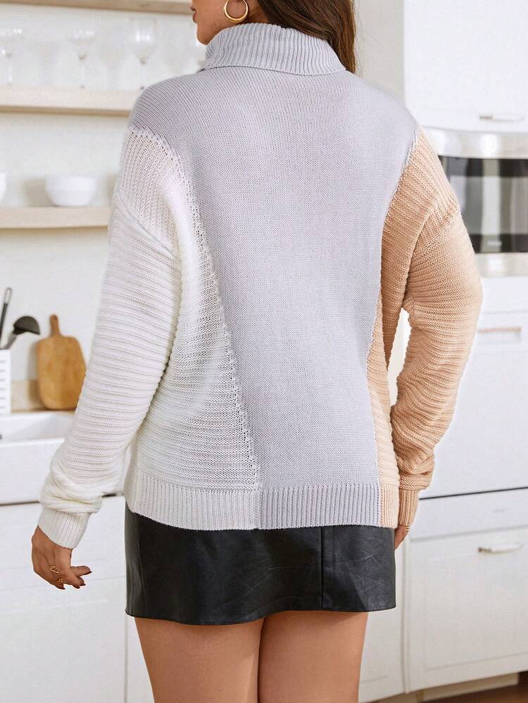Plus Size Contrast Color High Neck Drop Shoulder Sweater Knit Pullover Fall Winter Sweater