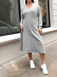 RueChic Plus Solid V Neck Drop Shoulder Dress - Grey - View 1