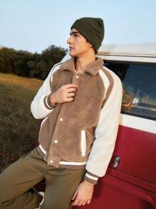 In My Nature Men Contrast Raglan Sleeve Striped Trim Outdoor Fleece Jacket - Khaki - View 3