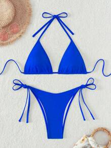Swim Vcay Summer Beach Halter Triangle Tie Side Bikini Set