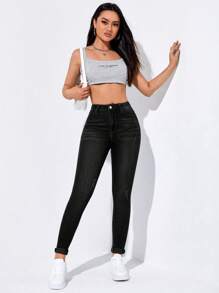 SHEIN EZwear High-Waisted Button-Embellished Skinny Stretch Distressed Y2K Jeans Thickened Denim