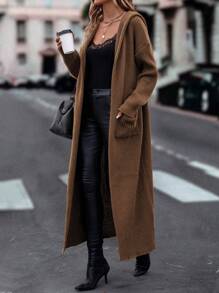 SHEIN LUNE Women's Long Hooded Cardigan With Open Front - Coffee Brown - View 1