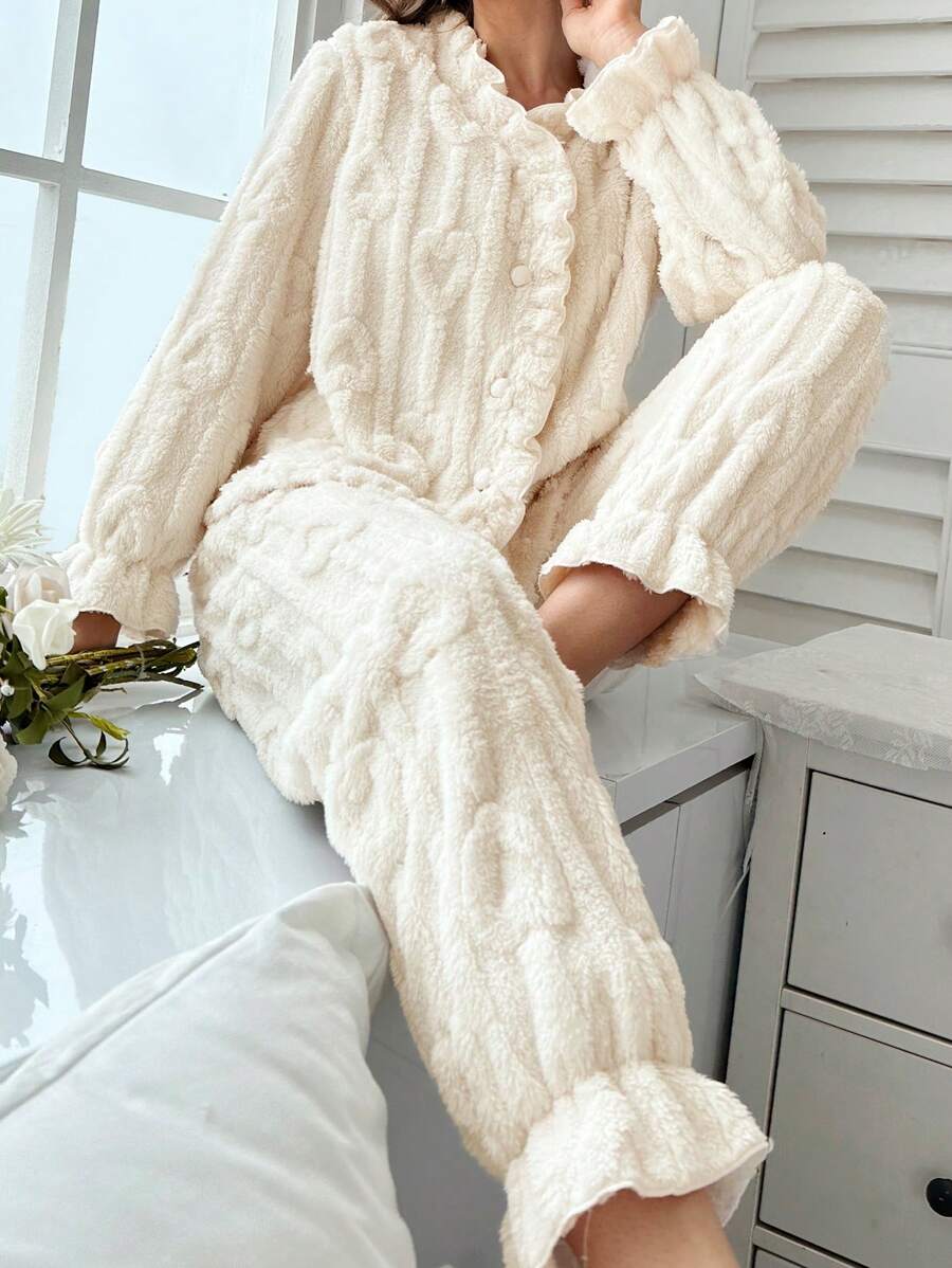 荷葉邊飄帶袖睡衣套裝 - 米色 - 查看 1