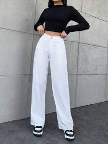 Cottnline Jeans De Pierna Recta De Talle Medi Para Mujer