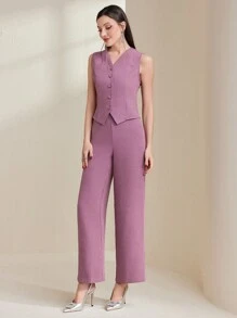 Modelyn Buttoned Vest, Long Pants And Cardigan Set - Purple - View 3
