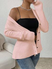 SHEIN Privé Của phụ nữ Mặt trước Nút Áo len Mở - Hồng - Xem 5