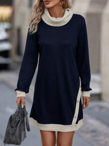 EMERY ROSE 女士色塊釦扣窗格運動連帽裙 - 藏蓝色 - 查看 1