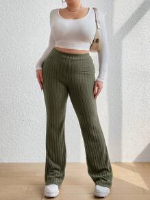 Flirla Plus Size Ribbed Knit Flared Trousers - Army Green - View 1
