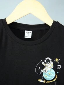 SHEIN 幼兒男孩卡通太空人印花圓領長袖休閒 T 卹 - 淺藍色 - 查看 5