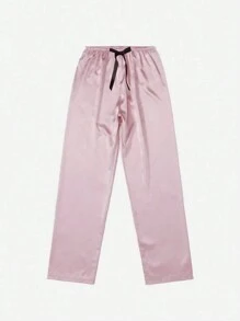 5件套对比色蕾丝腰带缎面睡衣套装/节日季睡衣套装 - 藕粉色 - 查看 5