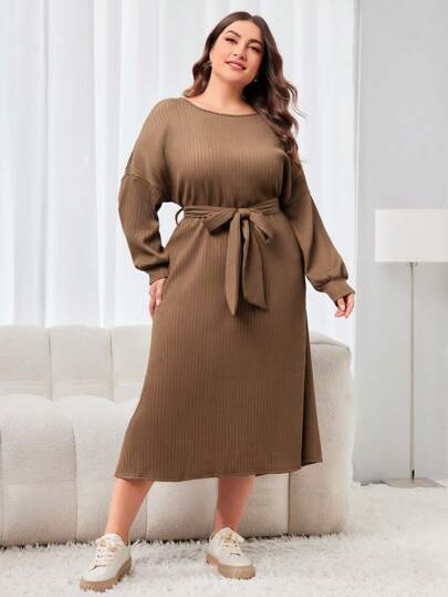 Mulvari Women's Elegant Plus Size Brown Belted Round Neck Dress