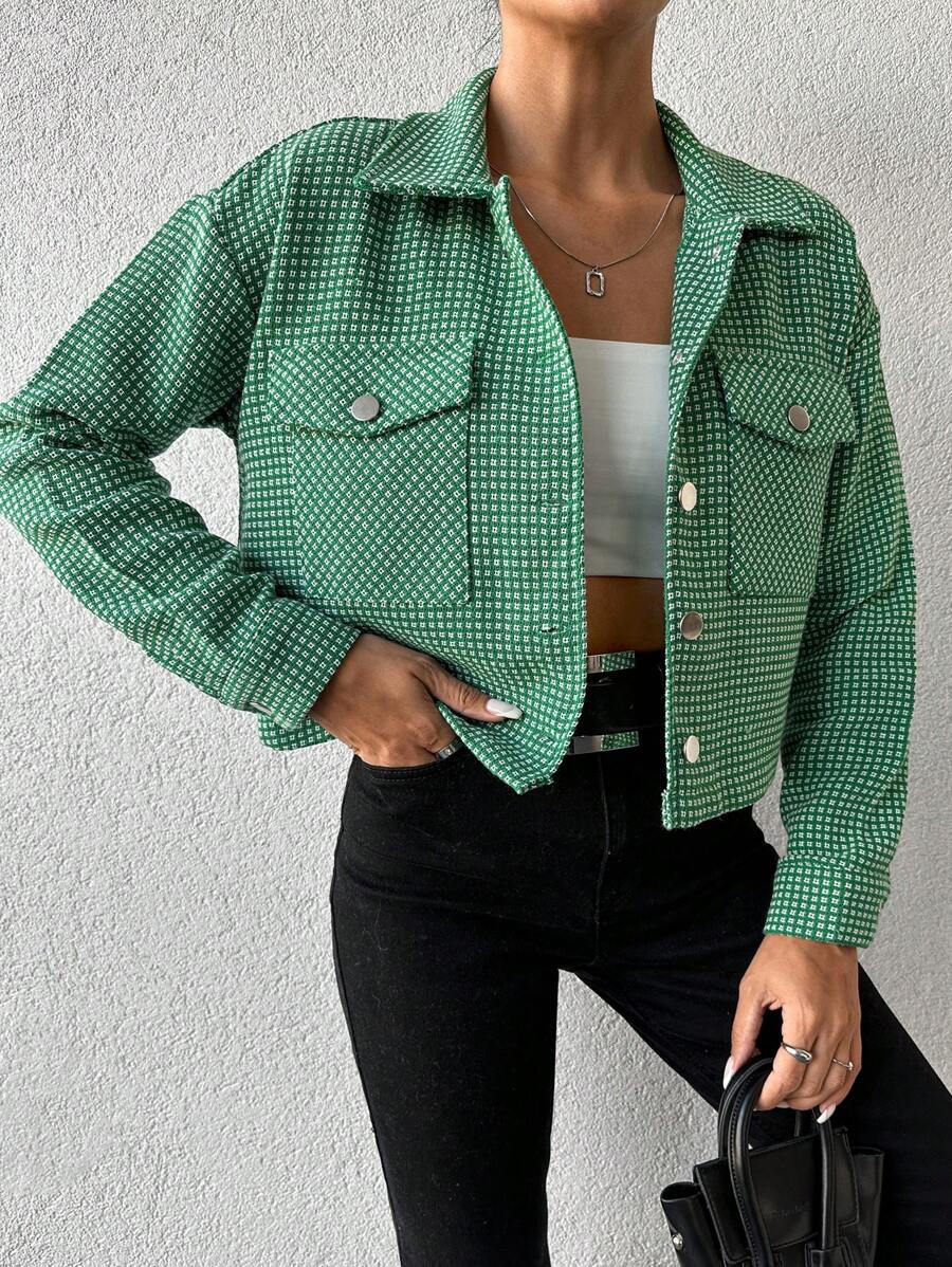 SHEIN Cottnline Quý cô Tất cả In Mặt trước Túi có nắp Áo khoác - Màu xanh lá cây đậm - Xem 1