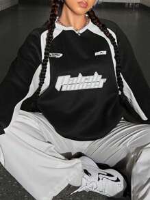 SHEIN EZwear Hơn Đồ họa Chữ cái Tay Raglan Áo nỉ - Đen và trắng - Xem 5