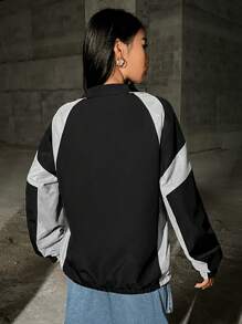 SHEIN EZwear Kolorowe bloki Zamek z przodu Rękkaw Raglanowy Kurtki - Czarne - Zobacz 2