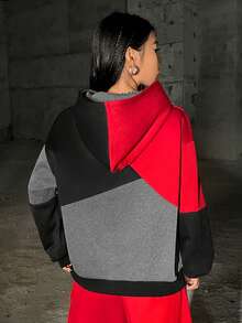 SHEIN EZwear 不对称拼接女式连帽运动衫 - 黑色 - 查看 2