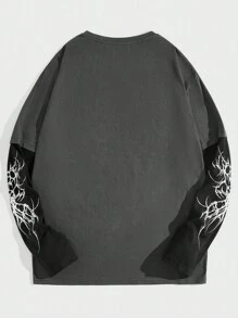 ROMWE MEN Goth 男士彩色块字母印花长袖 T 恤，学校 - 灰色 - 查看 2