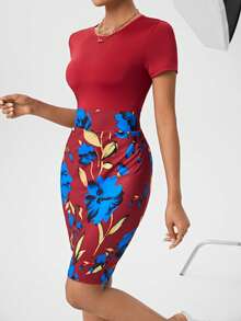 SHEIN Privé Floral Print Patchwork Dress - Burgundy - View 4