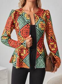 SHEIN Clasi Printed Regular Fit Zipper Closure Jacket With Drawstring Waist - Multicolor - View 1