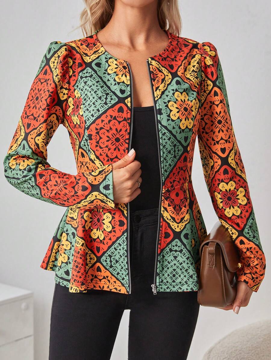 SHEIN Clasi Printed Regular Fit Zipper Closure Jacket With Drawstring Waist - Multicolor - View 1
