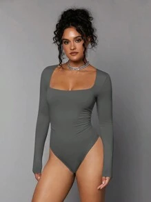 Silquee Ladies' Solid Color Slim Fit Bodysuit With Square Neckline - Dark Grey - View 3