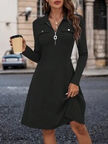 SHEIN Clasi Một nửa thân trước Dây kéo Đầm - màu đen - Xem 4