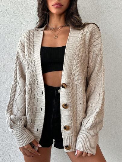 Cloudara Cable Knit Drop Shoulder Cardigan