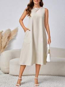 EMERY ROSE Slanted Pocket Sleeveless Vest Style Dress - Apricot - View 5