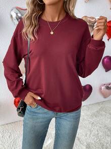 SHEIN LUNE 純色鈕釦細節開肩運動衫 - 酒紅色 - 查看 4